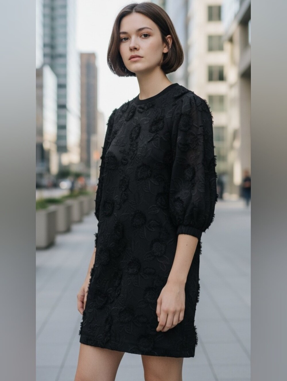 Pearl by Lela Rose Mini Dress Womens S Black 3D Floral Rose 3/4 Sleeves Cocktail